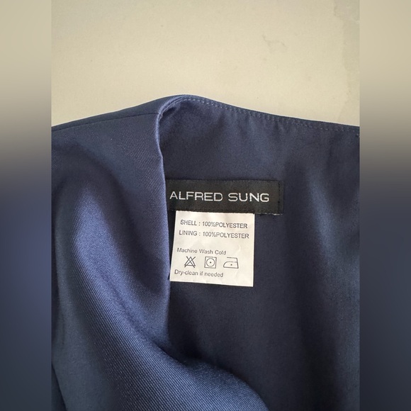 NEW | ALFRED SUNG | Cap Sleeve V-Neck Satin Dress In Midnight Blue | Sz 6 - Picture 5 of 8